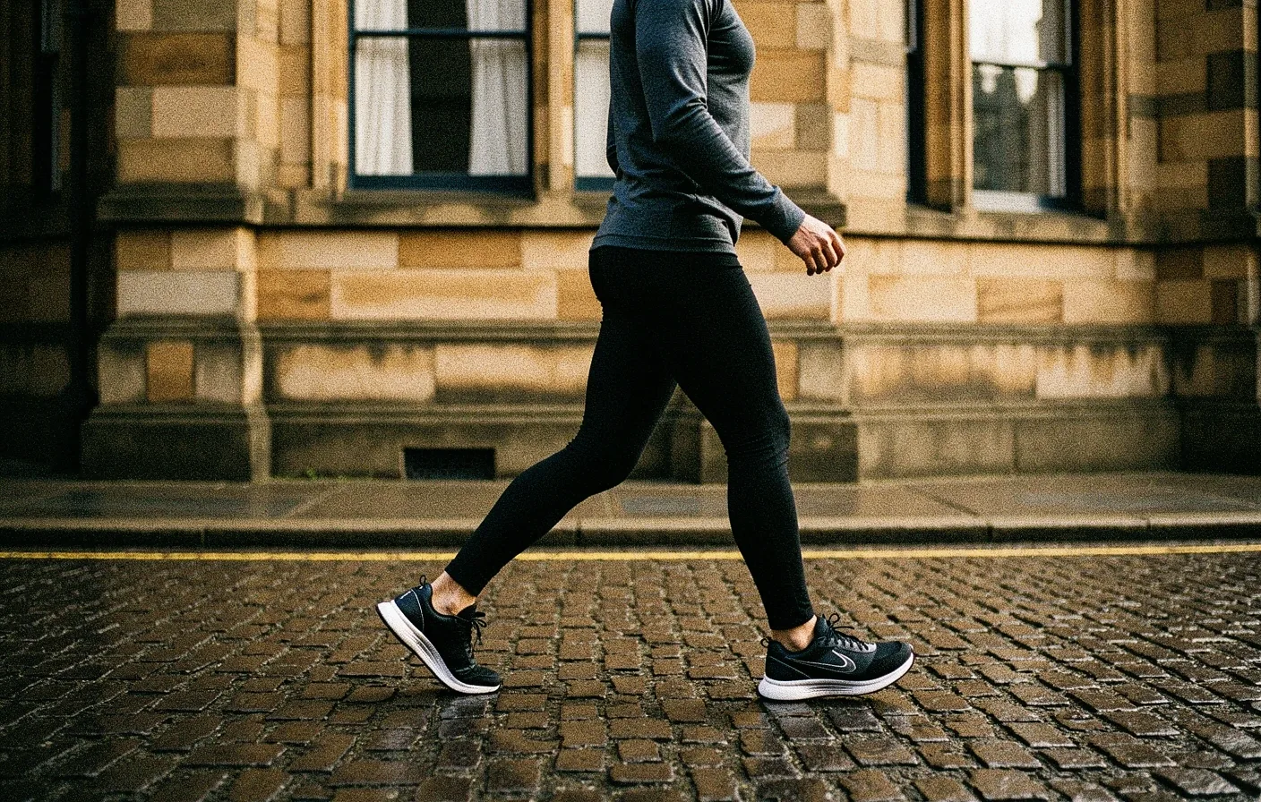 The rhythmic motion of a stride on city stone